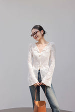 Load image into Gallery viewer, Floral Flute Sleeve Tie Top in White