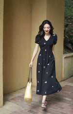 Load image into Gallery viewer, Floral Puff Sleeve Empire Dress in Black