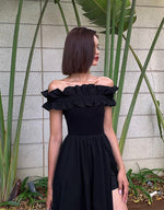 Load image into Gallery viewer, Ruffle Off Shoulder High Slit Maxi Dress in Black