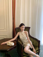 Load image into Gallery viewer, Floral Flute Hem Cheongsam Dress in Cream