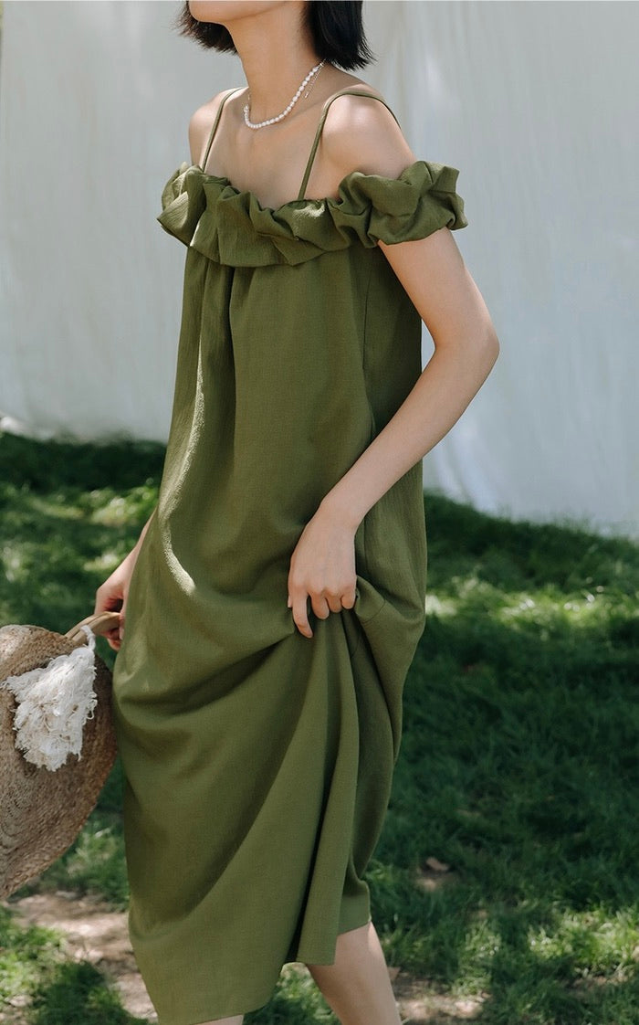 Crepe Ruffle Dress in Green
