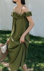 Load image into Gallery viewer, Crepe Ruffle Dress in Green
