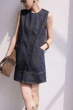 Load image into Gallery viewer, Denim Pocket Shift Dress in Navy
