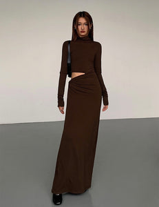 High Neck Side Cutout Maxi Dress in Brown