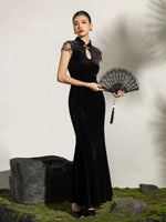 Load image into Gallery viewer, Mermaid Lace Detail Stretch Maxi Cheongsam in Black