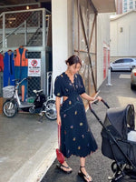 Load image into Gallery viewer, Embroidered Floral Cutout Dress in Navy