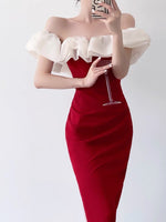 Load image into Gallery viewer, Symi Contrast Ruffle Off Shoulder Sheath Dress in Red