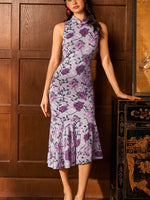 Load image into Gallery viewer, Floral Stretch Midi Cheongsam in Purple