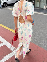 Load image into Gallery viewer, Floral Cutout Tie Back Dress in White-F