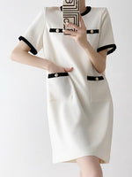Load image into Gallery viewer, Linen Blend Contrast Pocket Shift Dress in White