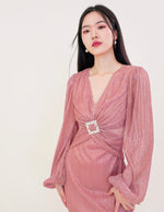 Load image into Gallery viewer, Textured Blouson Sleeve Midi Dress in Pink
