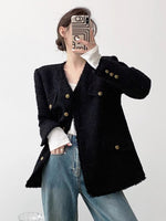 Load image into Gallery viewer, Long Tweed Button Jacket in Black