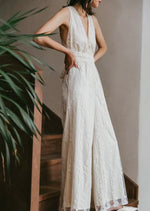 Load image into Gallery viewer, Open Back Lace Maxi Jumpsuit in Cream