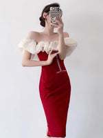 Load image into Gallery viewer, Symi Contrast Ruffle Off Shoulder Sheath Dress in Red