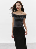 Load image into Gallery viewer, Tencel Off Shoulder Twist Top in Grey