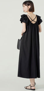 Load image into Gallery viewer, 2-Way Flutter Sleeve Midi Pocket Dress in Black