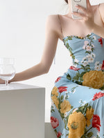 Load image into Gallery viewer, Floral Cami Tie Flute Hem Maxi Dress in Blue