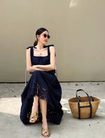 Load image into Gallery viewer, Laser Cut Tie Top + Pocket Skirt Set in Navy