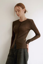 Load image into Gallery viewer, Korean Magie Tencel Blend Stretch Button Top in Brown