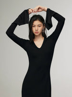 Load image into Gallery viewer, Flute Sleeve Stretch Dress in Black