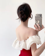 Load image into Gallery viewer, Symi Contrast Ruffle Off Shoulder Sheath Dress in Red