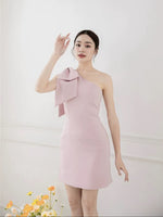 Load image into Gallery viewer, Padded Toga Bow Mini Dress in Blue- M