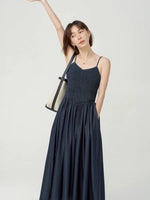 Load image into Gallery viewer, Textured Bodice Pocket Cami Dress in Navy
