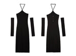 Load image into Gallery viewer, Drop Back Cutout Halter Dress + Sleeves in Black
