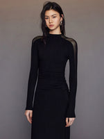 Load image into Gallery viewer, Sheer Panel Slit Stretch Dress in Black