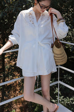 Load image into Gallery viewer, Tencel Blend Floral Lace Shirt // Shorts Set in White