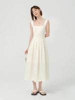 Load image into Gallery viewer, Square Neck Pleat Midi Dress in Cream