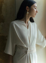 Load image into Gallery viewer, Mandarin Knot Shift Dress in Cream