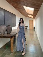 Load image into Gallery viewer, Checked Bustier Slit Maxi Dress in Black