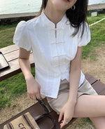 Load image into Gallery viewer, Puff Sleeve Cheongsam Blouse in White