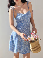 Load image into Gallery viewer, Chira Floral Tie Strap Mini Dress in Blue