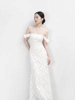 Load image into Gallery viewer, Off Shoulder Lace Gown in White
