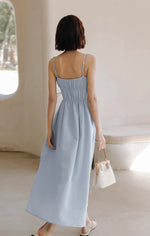 Load image into Gallery viewer, Ribbon Tie Gather Dress in Blue