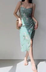 Load image into Gallery viewer, Otti Floral Wrap Tie Strap Slit Dress in Green