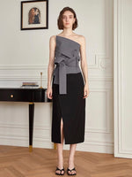 Load image into Gallery viewer, Asymmetric Wrap Tie Bustier Top in Grey
