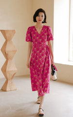 Load image into Gallery viewer, Tulip Puff Sleeve Wrap Dress in Pink
