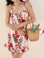 Load image into Gallery viewer, Chrysan Floral Tie Strap Mini Dress in White/Red