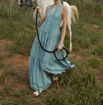 Load image into Gallery viewer, Drop Back Tier Halter Maxi Dress in Blue