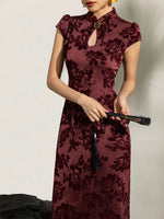 Load image into Gallery viewer, Floral Stretch Maxi Cheongsam in Red