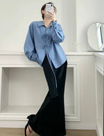 Load image into Gallery viewer, Tencel Blend Oversized Ribbon Shirt in Blue
