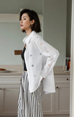 Load image into Gallery viewer, Eyelet Ribbon Tie Shirt in White