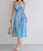 Load image into Gallery viewer, Alps Printed Slit Tie Strap Dress in Blue