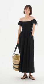 Load image into Gallery viewer, Off Shoulder Textured Pocked Maxi Dress in Black