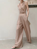 Load image into Gallery viewer, Tencel Wrap Top + Trousers Set in Brown