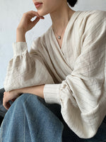 Load image into Gallery viewer, Striped Blouson Wrap Top in Cream