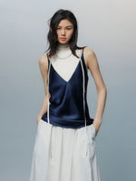 Load image into Gallery viewer, Tencel Blend High Neck Top // Satin Camisole Set in Navy/ White